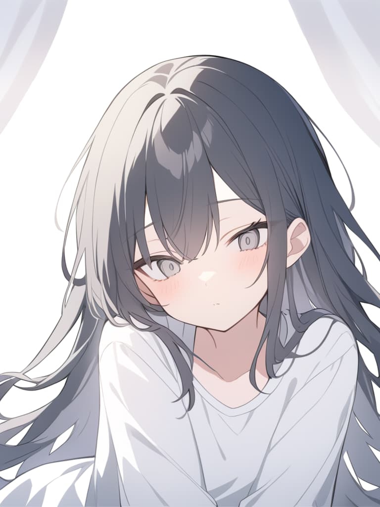  sleepy eyes,long eyelashes,1 girl,white eyes,black hair,white shirt