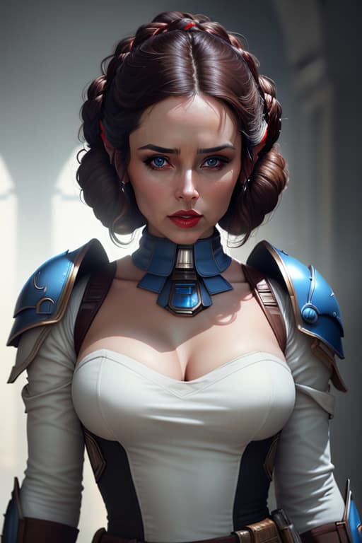  ((best quality)), ((masterpiece)), (detailed), beautiful face, princess Leia, (defiance512:1.2), light blue eyes, carmin red lips, teeth, heavy black iron armor, detailed helmet, intense gaze, battle ready, contrasting soft skin, (lighting:1.2), close up portrait, playing with camera hyperrealistic, full body, detailed clothing, highly detailed, cinematic lighting, stunningly beautiful, intricate, sharp focus, f/1. 8, 85mm, (centered image composition), (professionally color graded), ((bright soft diffused light)), volumetric fog, trending on instagram, trending on tumblr, HDR 4K, 8K