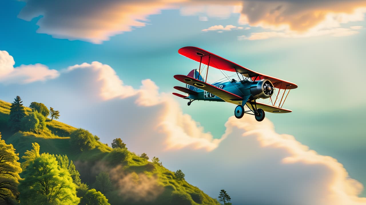  a vintage biplane soaring through a clear blue sky, with wispy white clouds trailing behind. below, a lush green landscape dotted with trees and a winding river, evoking the spirit of early aviation pioneers. hyperrealistic, full body, detailed clothing, highly detailed, cinematic lighting, stunningly beautiful, intricate, sharp focus, f/1. 8, 85mm, (centered image composition), (professionally color graded), ((bright soft diffused light)), volumetric fog, trending on instagram, trending on tumblr, HDR 4K, 8K