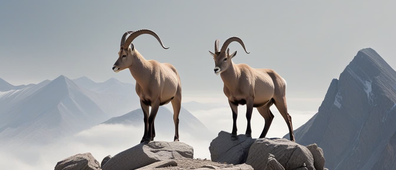  minimalism, mountain ibex girl staying on the rock in the mountains, abstract, simple geometic shapes, hard edges, sleek contours, minimalism