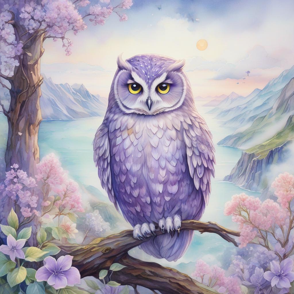  the softness of everything that's peace, beautiful thoughtful owl, anatomically correct, spring's soft sea view, watercolor style of yelena yushina and kaoru yamada, mountains and stalight, windy luminous, silver lighting, dreamy and magical, highly detailed, very soft colors, soft edges, mist. realistic, blossoming, anatomically correct, soft silver violet palette