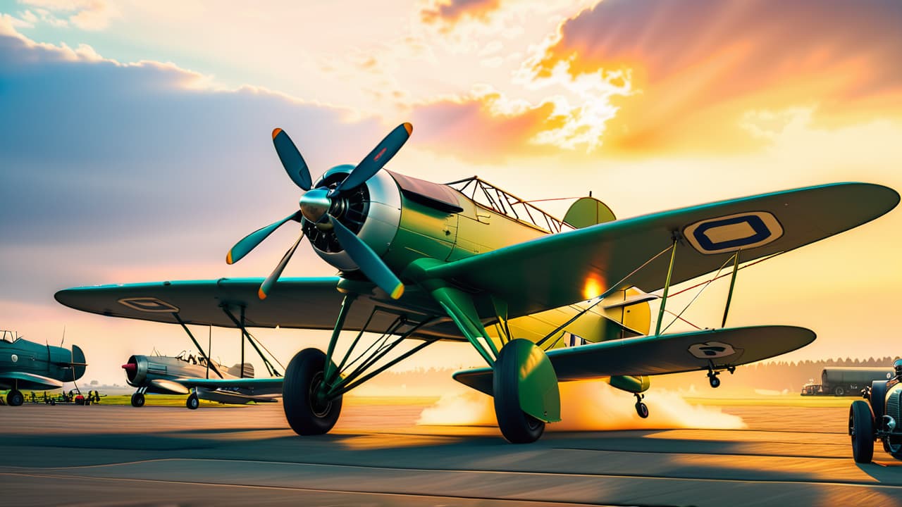  a vintage biplane soaring over a bustling airfield, surrounded by early 20th century airplanes, enthusiastic crowds, and historical landmarks, capturing the evolution of aviation from its humble beginnings to modern air travel. hyperrealistic, full body, detailed clothing, highly detailed, cinematic lighting, stunningly beautiful, intricate, sharp focus, f/1. 8, 85mm, (centered image composition), (professionally color graded), ((bright soft diffused light)), volumetric fog, trending on instagram, trending on tumblr, HDR 4K, 8K