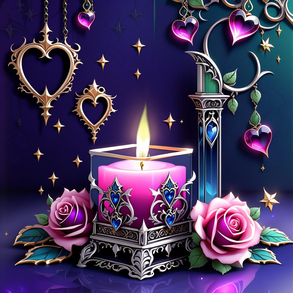  gothic style (background):colour:violet blue. (background decoration):silver frames in the shape of hearts and gold fancy stars. (centre):glass square pink candlestick and lighter decorated with fancy roses. (rose colour):pink, dark pink, with cream border. (leaf colour):dark green, green blue, light green. (style):fantasy, fantasy art design, jewellery, interior. . dark, mysterious, haunting, dramatic, ornate, detailed