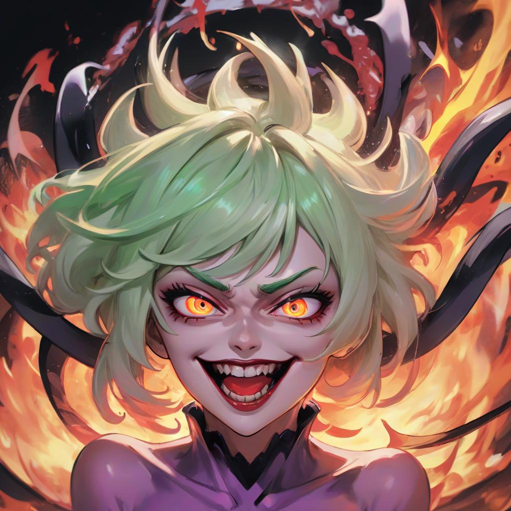  middle plan, demonic face with glowing eyes, global coverage of rossdraws, expression of the evil eye, anime 2 0 1 9, key frame of the anime, tatsumaki, pseudonym, author zhou jichang, epic comic book art, portrait of the joker, angry gorgeous woman, evil madness laughter, colorful fire, glowing