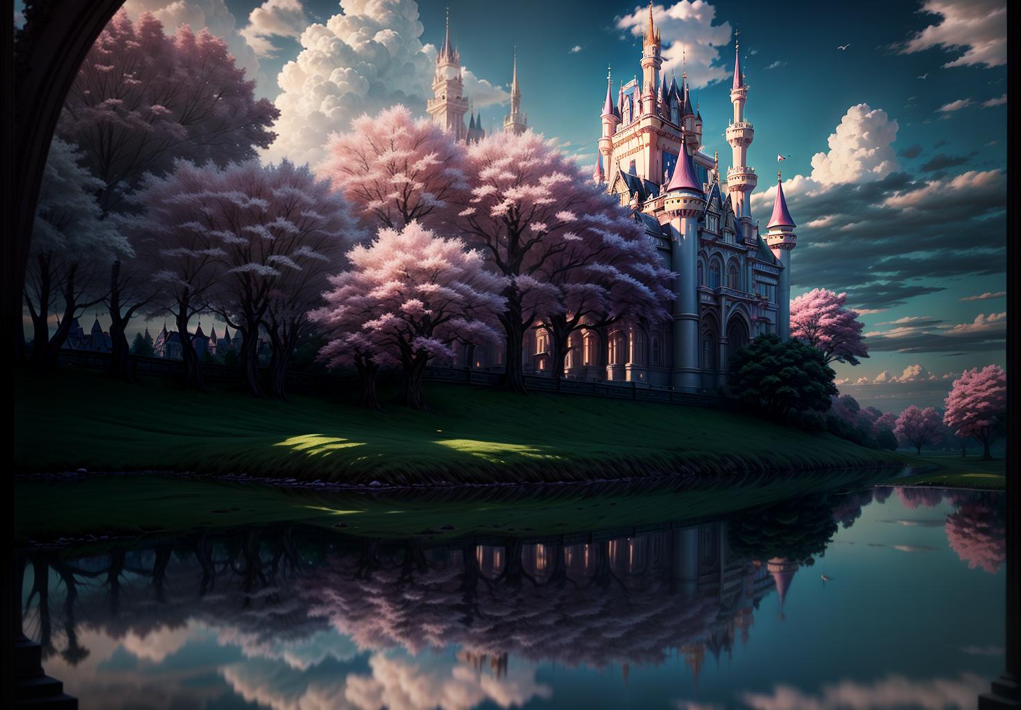  (front view:1.5),mid shot,romantic,mhxy,cloud,scenery,sky,outdoors,no humans,tree,blue sky,day,bird,bridge,cloudy sky,fantasy,cherry blossoms,cityscape,building,(pink disney castle),8k,best picture quality,blender,camera 4d,octance rendering,supplementary picture,(fairytale)