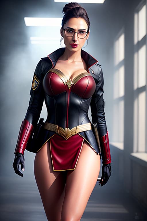  25 y.o. Gal Gadot, US marines uniform, medium breasts, carmin red lips, glasses, bun, cleavage, split skirt hyperrealistic, full body, detailed clothing, highly detailed, cinematic lighting, stunningly beautiful, intricate, sharp focus, f/1. 8, 85mm, (centered image composition), (professionally color graded), ((bright soft diffused light)), volumetric fog, trending on instagram, trending on tumblr, HDR 4K, 8K
