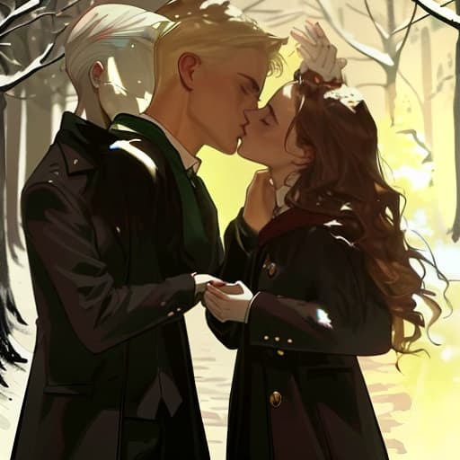  two adults in the image. hermione granger and draco malfoy. a guy with a girl on the background of a snowy forest. the picture should feel tension, fear, on the street at night. the girl holds his hands and cries. their hands are stained in red. hermione brown hair guy has white hair the picture is dark, frightening, dark tones