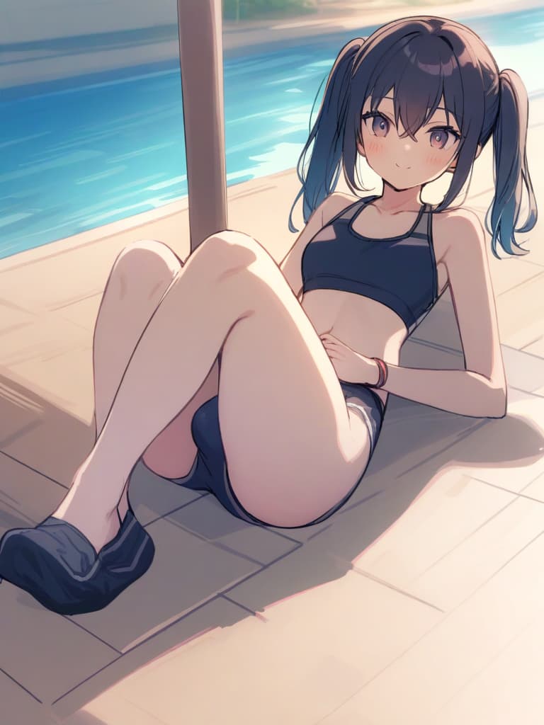  women's elementary students (male), twin tails, cute smiles, (rich s), low stature, dark blue swimwear, old swimwear, , simple (upward), male , (bulge), shaped clear , front , whole body, pool side,