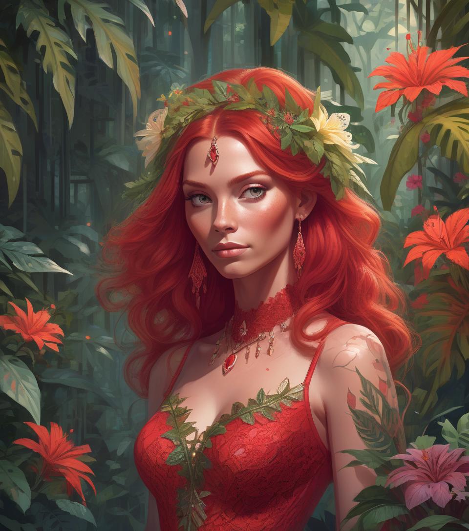  concept art portrait of beautiful red haired bohemian queen wearing red colour lace surrounded by jungle plants and flowers art by mike mayhew and mark brooks and ross tran 8k resolution . digital artwork, illustrative, painterly, matte painting, highly detailed