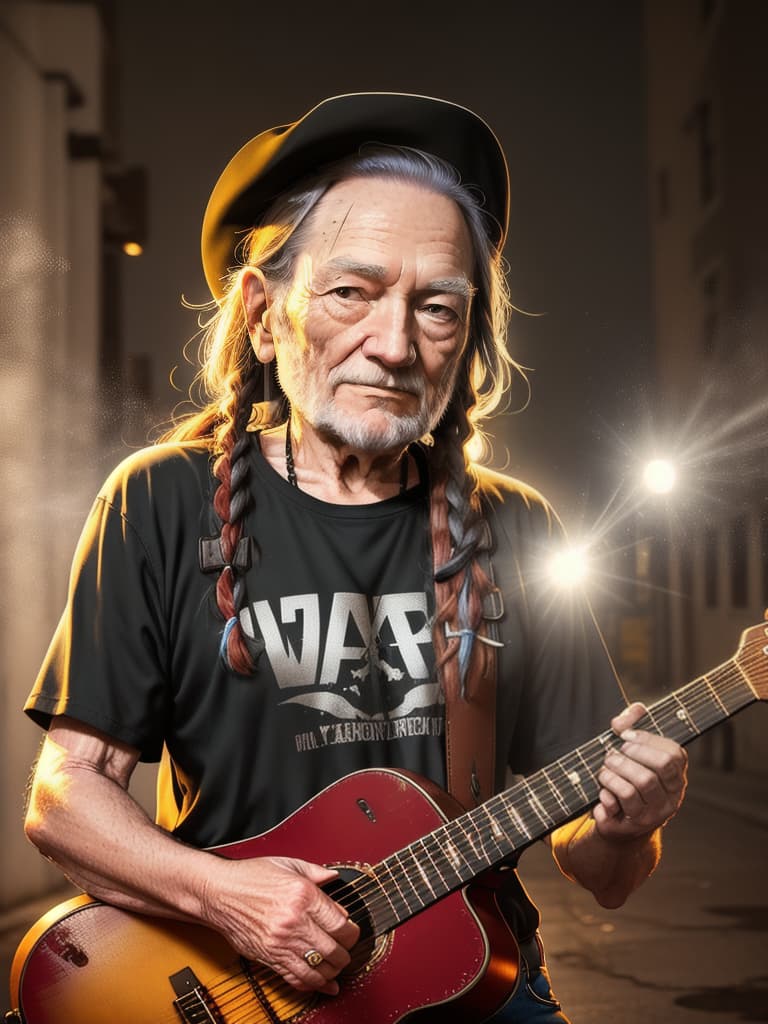  Singer Willie Nelson, medium shot, upper body, spotlight, long exposure lighting, street art style spray paint, glamour lighting