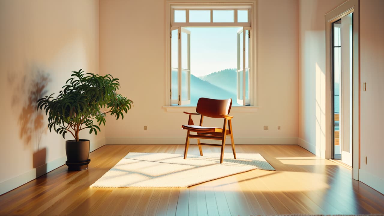  a serene, sunlit room with a single potted plant, a simple wooden chair, and a soft, neutral rug. large windows reveal a clear sky, creating an atmosphere of calm and spaciousness. hyperrealistic, full body, detailed clothing, highly detailed, cinematic lighting, stunningly beautiful, intricate, sharp focus, f/1. 8, 85mm, (centered image composition), (professionally color graded), ((bright soft diffused light)), volumetric fog, trending on instagram, trending on tumblr, HDR 4K, 8K