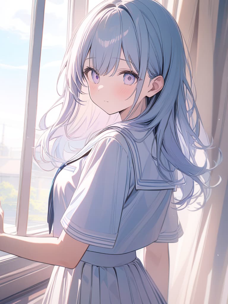  pastel color, light color, sailor suit, mini , s, curtains swaying, clrooms, windows, s, pastel colors, light colors, masterpiece, best quality,8k,ultra detailed,high resolution,an extremely delicate and beautiful,hyper detail