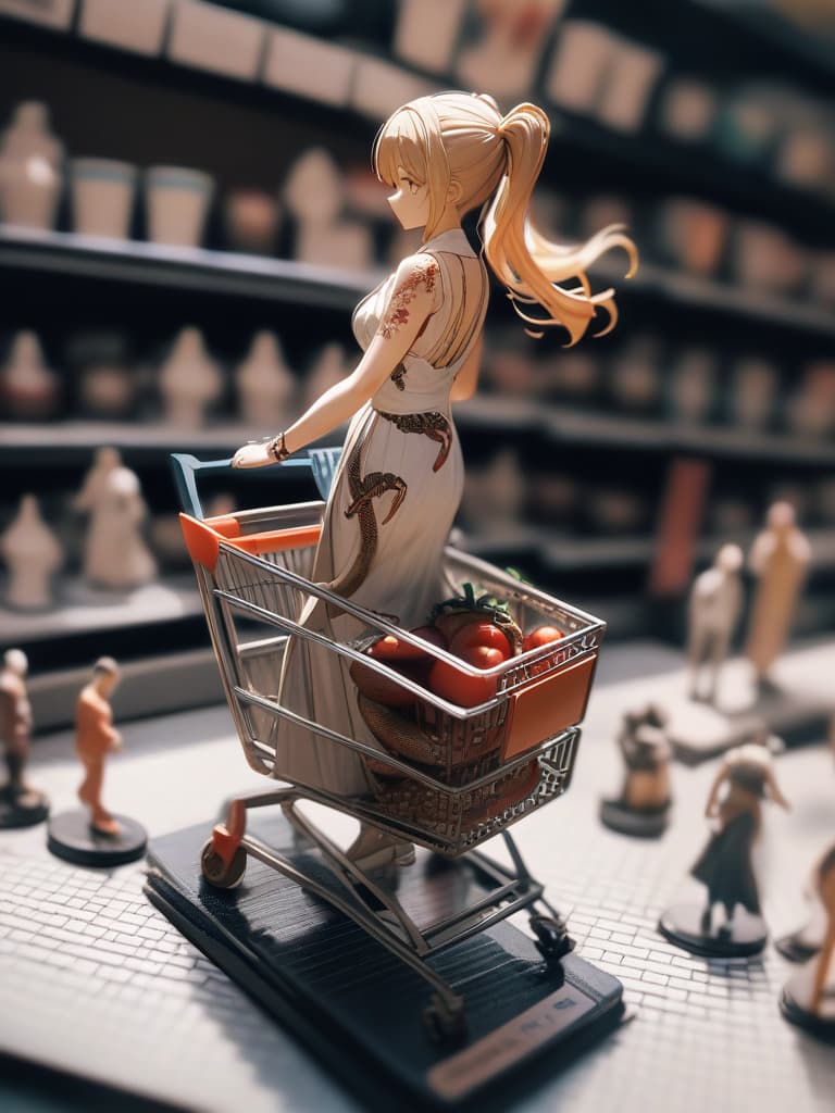  with tomatoes, shopping carts, blonde ponytails, white headphones, pressing shopping carts, snake tattoos on legs, whole body, walking figure, masterpiece, best quality,8k,ultra detailed,high resolution,an extremely delicate and beautiful,hyper detail