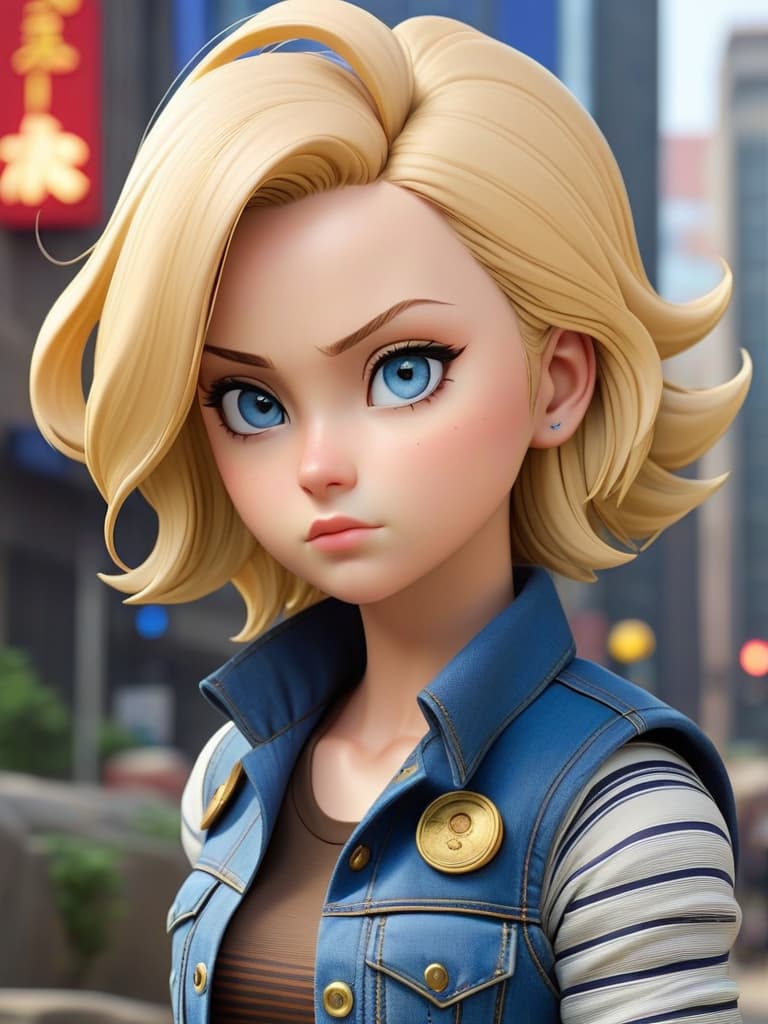  one , anime style image of android 18 with shoulder length blonde hair,detailed face, detailed eyes, blue eyes, and a confident expression. she is dressed in a clic outfit: a denim vest over a striped long sleeve shirt, a black mini , and brown boots. she should be standing in a confident pose with a slight smile. the background can be a futuristic cityscape or a desolate battlefield. the overall style should be cool, stylish, and modern.android 18