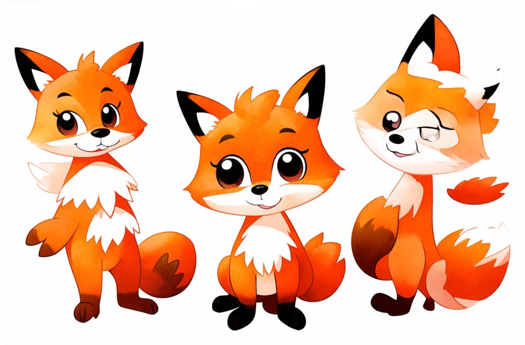  artwork whimsical cartoon fox clipart, ultra detailed, 16k resolution, pure white background, bold black outline, strong contours, exaggerated features, large expressive eyes, various poses, range of emotions, fluffy fur texture, stylized proportions, distinct personality, cute and humorous style, isolated character, high contrast edges ar 3:2, watercolor techniques, featuring fluid colors, subtle gradients, transparency associated with watercolor art