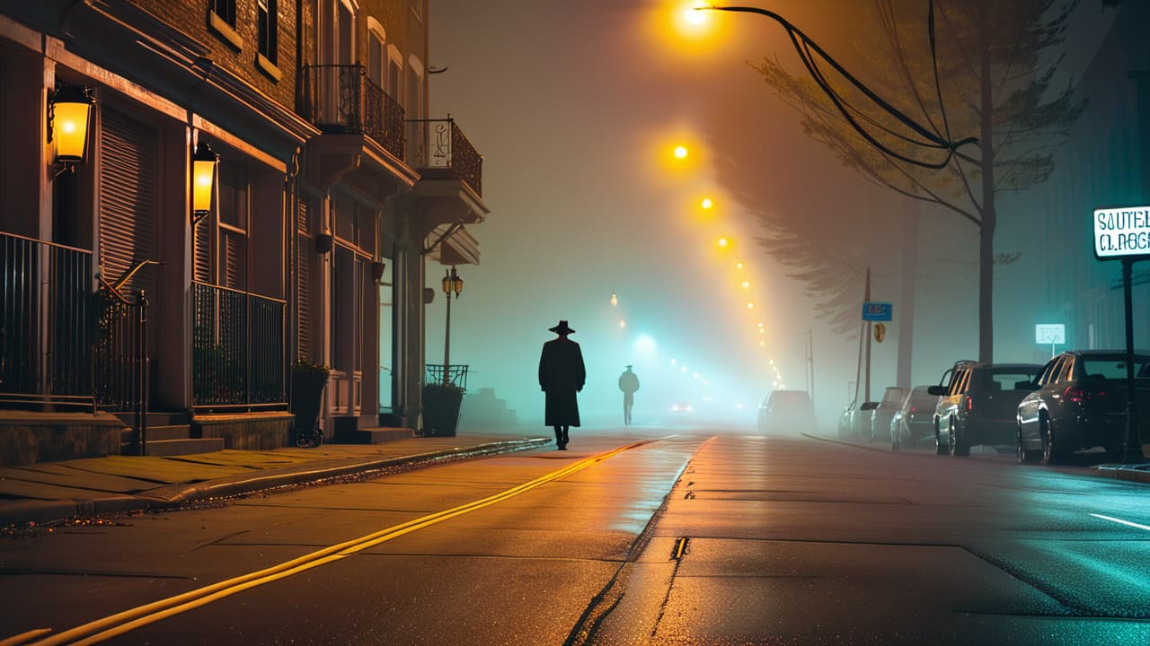  a shadowy urban street at night, featuring three distinct scenes: a chilling ghostly figure, a mysterious vanishing hitchhiker, and a creepy local myth, all illuminated by eerie streetlights and enveloped in fog. hyperrealistic, full body, detailed clothing, highly detailed, cinematic lighting, stunningly beautiful, intricate, sharp focus, f/1. 8, 85mm, (centered image composition), (professionally color graded), ((bright soft diffused light)), volumetric fog, trending on instagram, trending on tumblr, HDR 4K, 8K