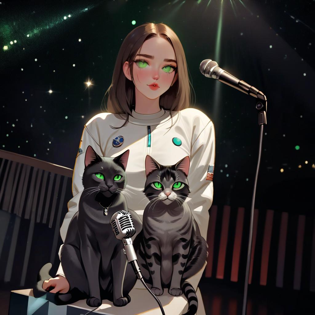  girl with dark green eyes, two cats, space, spotlights, view from the stage, microphone, music, royal grace