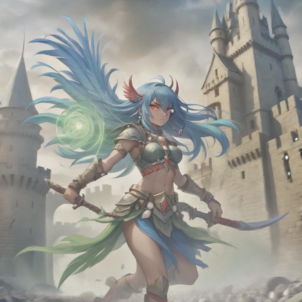  long exposure photo of portrait of strong rage amazonas warrior. red eye. long blue hair. tilting head down, lightgreen mantle, shoulder pad feather, accessory necklace with pearls on the forehead, against the background of the castle siege . blurred motion, streaks of light, surreal, dreamy, ghosting effect, highly detailed, sticker, hkmagic