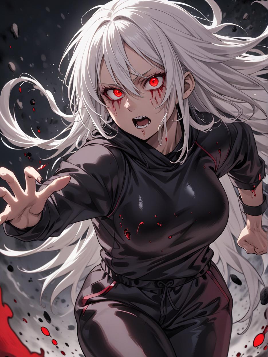  manga artwork satoru gojo, jujutsu kaisen, female version, beautiful woman with long white hair, red eyes from the galaxy. revealing her deep red eyes, super detailed eyes. compressed black clothes, baggy sweatpants. strong body. background of a black desert full of slime, hyper realistic atmospheres, details, 8k she is ready to fight, making a pose with her hand. manga artist. manga, highly emotional. best quality, high resolution