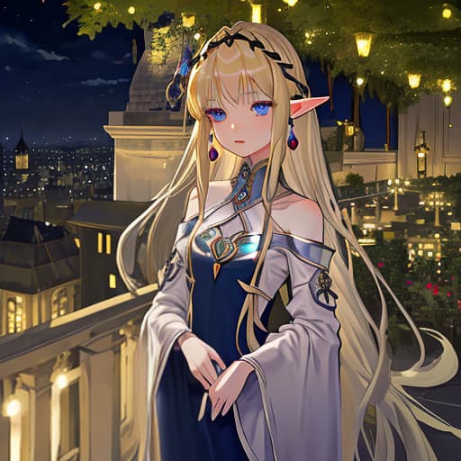  elf girl, blonde long loose hair, deep dark blue eyes, in full growth, translucent night dress, small silver earrings, hairpin, evening, terrace overlooking the gardens