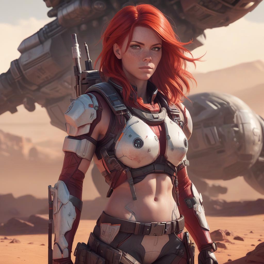  draw a full length female character, athletic build, red hair, the character lives on a distant colonized planet, specialization mercenary