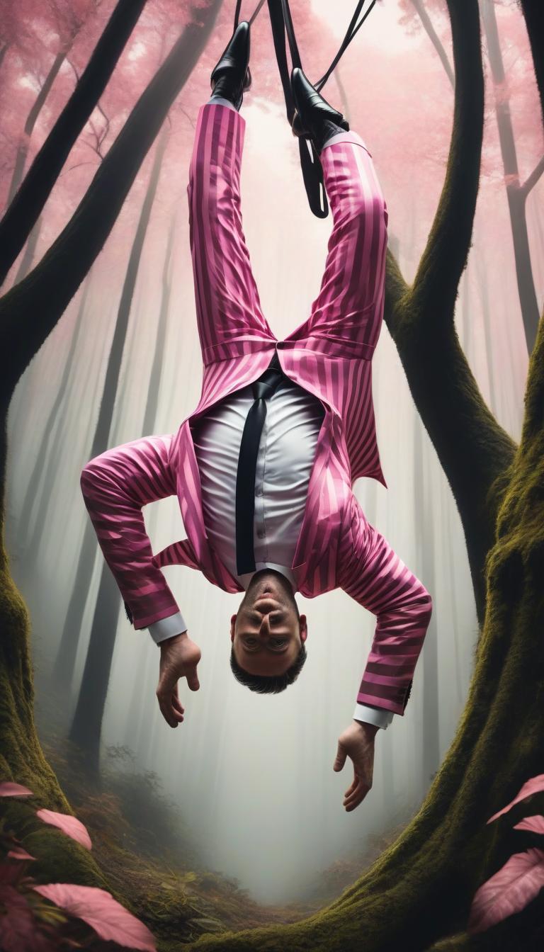  concept art color pink, white, black, gold forest a man in a striped suit hanging upside down . digital artwork, illustrative, painterly, matte painting, highly detailed, perfect hands