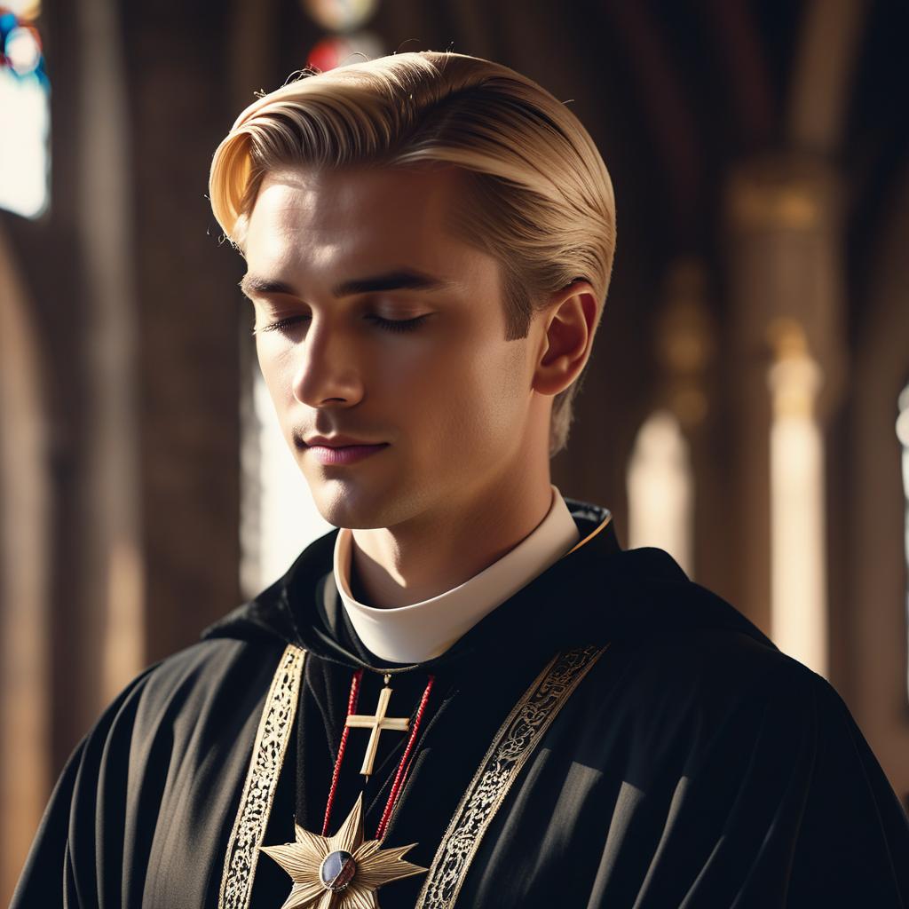  1 guy, slicked back blonde hair, in 40’s, chiseled face, wearing black gold and silver priest robes, a warm smile, eyes closed, hands clasped together at his waist, in a small medieval church,, cinematic film style, shallow depth of field, vignette, highly detailed, high budget, bokeh, cinemascope, moody, epic, gorgeous, film grain, grainy