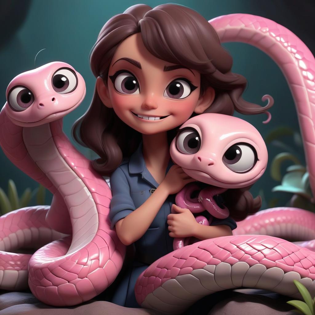  professional 3d model hugging two fantastic snakes with big eyes, cartoonish, smiling and cute face, charming chibi, plush style, 3d 8k, high detail, high sharpness, high resolution, beautiful light, brilliant background, pink heart of thomas kincaid, marion peck, mandy jungens, mysterious . octane render, highly detailed, volumetric, dramatic lighting, hkmagic