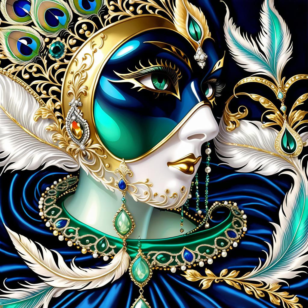  dreamscape (background):black silk cloak, topazes, rubies, emeralds, gold candlestick with white gold flame. ((the eye slits reflect the contours of the palaces and canals of venice1,9)). ((half mask columbine) a mask covering only part of the face. silver mask:with gold patterned ornamentation. colours:light green, blue, pearl cream, peacock feathers, gold and silver beads, gold leaf, gemstones, venetian lace, rhinestones, beads. (style):fantasy, renaissance, dream, mystery, mystery, dream, italy, venice, barcarolle, minestrel. . surreal, ethereal, dreamy, mysterious, fantasy, highly detailed