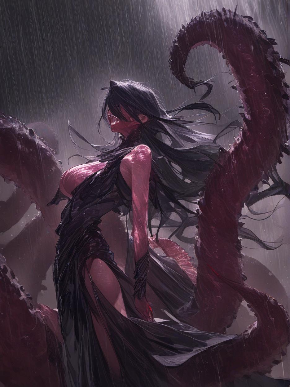  an anime photo of a sorceress wearing a mixture of matte black metal with armor of iridescent synthetic cloths. the woman transformed into a creature, merging with her armor, creating a terrifying smile, full of teeth, no eyes, with several red rune marks on her black body, tentacles on her back, and a monstrous body full of dangers. this creature is in a black forest with a rain and red thunder in the background . best quality, high resolution