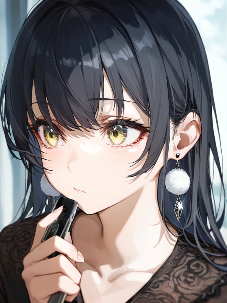  jito eyes, cat eyes, expressionless, dented face, sigh, black hair long hair, black pierced earrings, silver rings, guns, background white, masterpiece, best quality,8k,ultra detailed,high resolution,an extremely delicate and beautiful,hyper detail