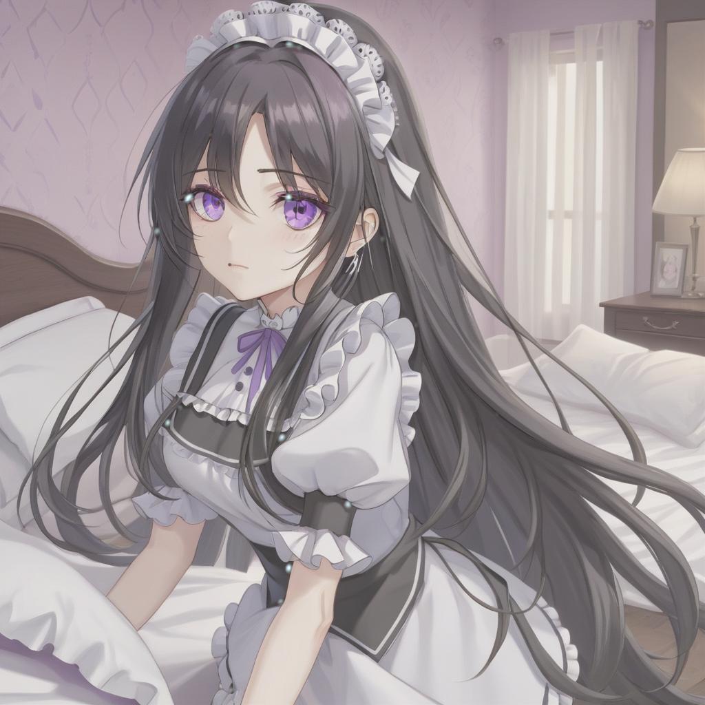   20 year, dark long hair, purple eyes, maid's s without , small silver earrings, bedroom