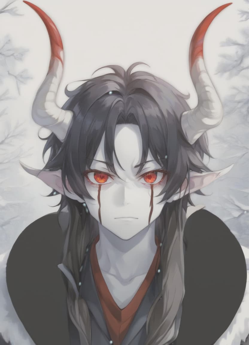  anime artwork man demon, red horns, red eyes, black long hair, winter clothes . anime style, key visual, vibrant, studio anime, highly detailed, sticker