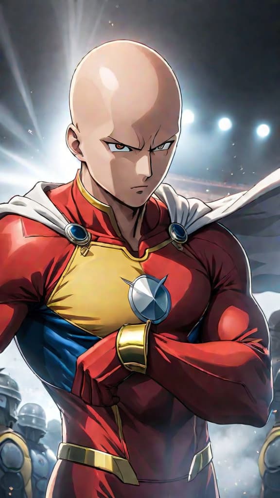  anime art: saitama as the mysterious s class rank 1 hero in disguise. hyperrealistic, full body, detailed clothing, highly detailed, cinematic lighting, stunningly beautiful, intricate, sharp focus, f/1. 8, 85mm, (centered image composition), (professionally color graded), ((bright soft diffused light)), volumetric fog, trending on instagram, trending on tumblr, HDR 4K, 8K