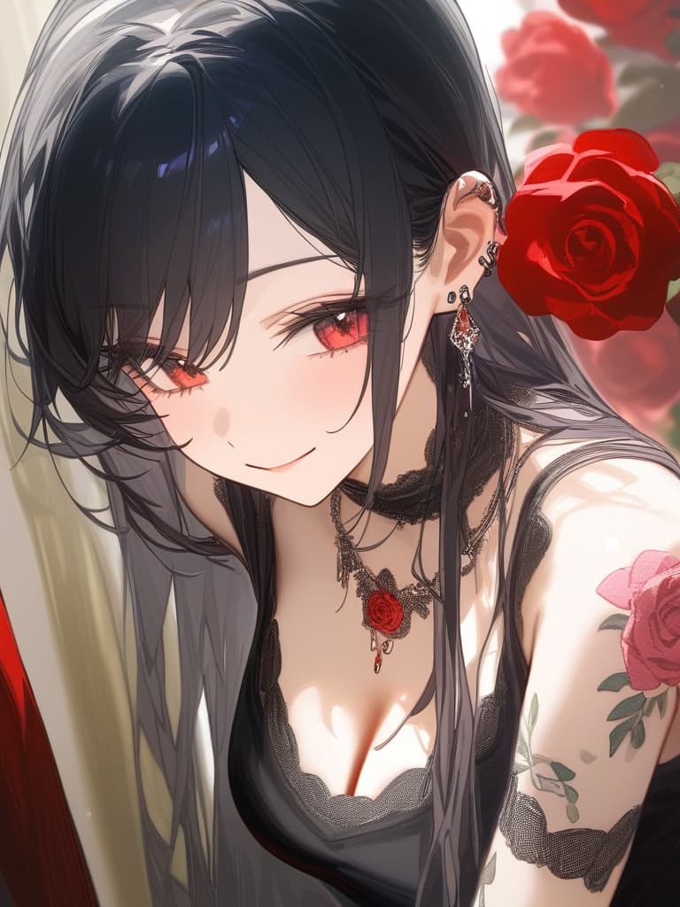  long hair, black hair, hair tips are pink, red eyes, hanging, bangs, and length of bangs, smiles, adults, adult faces, piercings, necklaces, black lace clothes, red rose tattou on arms in contained, thin makeup, rose tattoo on the arm, pink and black hair, masterpiece, best quality,8k,ultra detailed,high resolution,an extremely delicate and beautiful,hyper detail