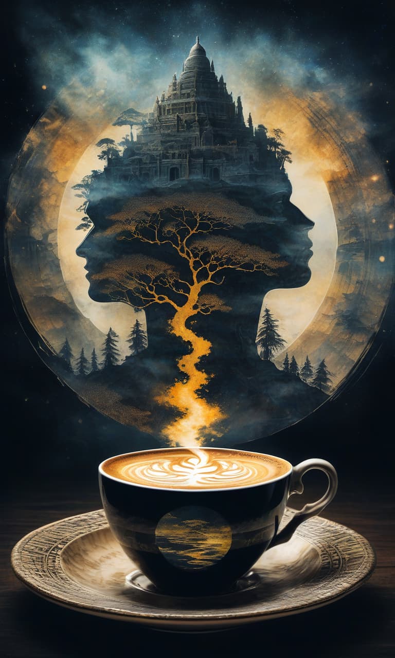  (digital image) with (double exposure:1.5). highly detailed image with double exposure and texture layering. distant background. ((cup of coffee)). executed in watercolor technique. the outline of the cup dissolves into the black background. multilayered painting. depiction of an egyptian landscape inside a cup. surrealism, fantasy. stylistics: neorococo, fantasy abstraction, surrealism, mysticism. in the manner of andrew jones, fragonard, jacek jerka, mark keatley, james christensen. high quality.