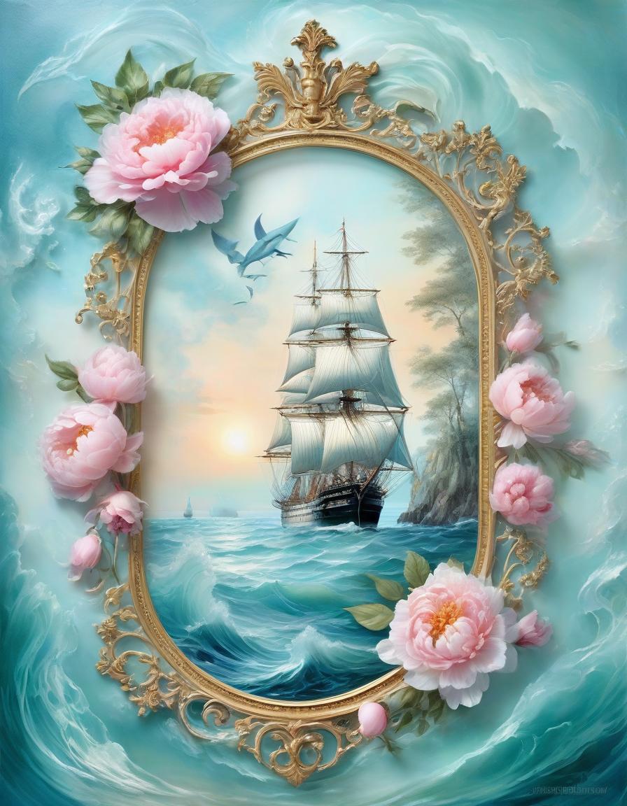  nautical themed a delicate image on a mother of pearl sheet in the artistic style of shabby chic and aivazovsky, double exposure, layering, a frigate under sail near the horizon, a frame of lush big peonies and roses near the ruins of old fortress, the sea at sunset, aquamarine, turquoise and a gradient from peach to light purple, gold craquelure, digital academic processing, high quality, filigree drawing of small details . sea, ocean, ships, maritime, beach, marine life, highly detailed