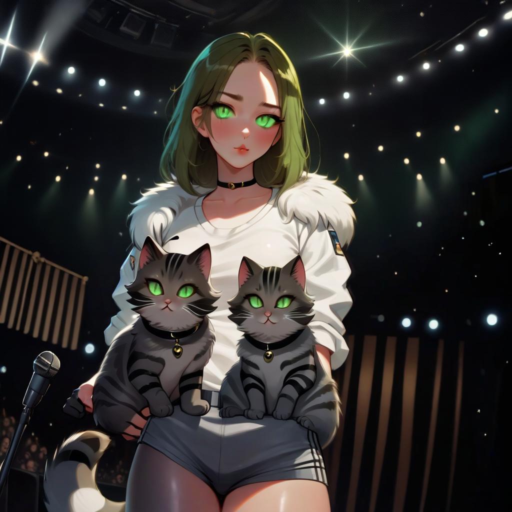  girl with dark green eyes, two furry striped cats, space, spotlights, view from the stage, microphone, music, royal grace