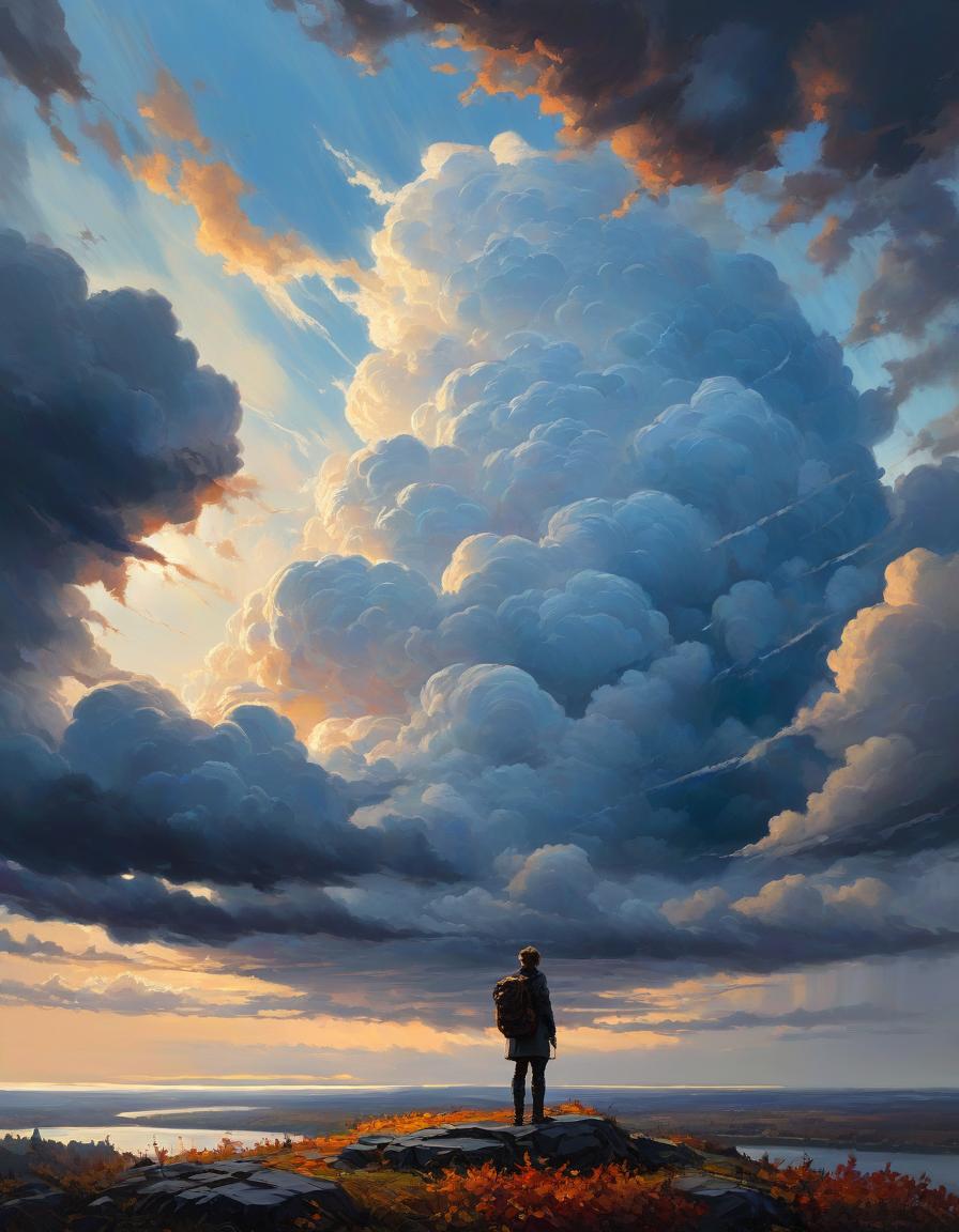  dramatic. mammatus thunderclouds (bumpy, pouch like protuberances in dramatic shapes).horizon line, clear sky above. wide shot, looking upwards. dramatic sunlight with contrasting shadows. foreground silhouetted landscape, oil palette knife painting, canvas, autumn landscape, lake, falling autumn leaves, fantasy, muted shades of colors, gothic aesthetic, beautiful, blue hour, russian impessionism