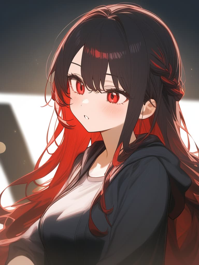  one girl, black hair, red eye, red black hair, red hair mesh, long hair, complex braid, young expression, hair color black main