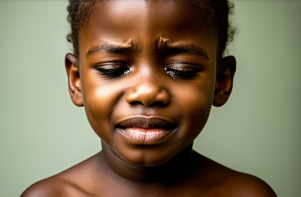  young sad african girl crying with tears streaming down her cheeks. emotional breakdown, closed eyes and closed mouth ar 3:2, (natural skin texture), highly detailed face, depth of field, hyperrealism, soft light, muted colors