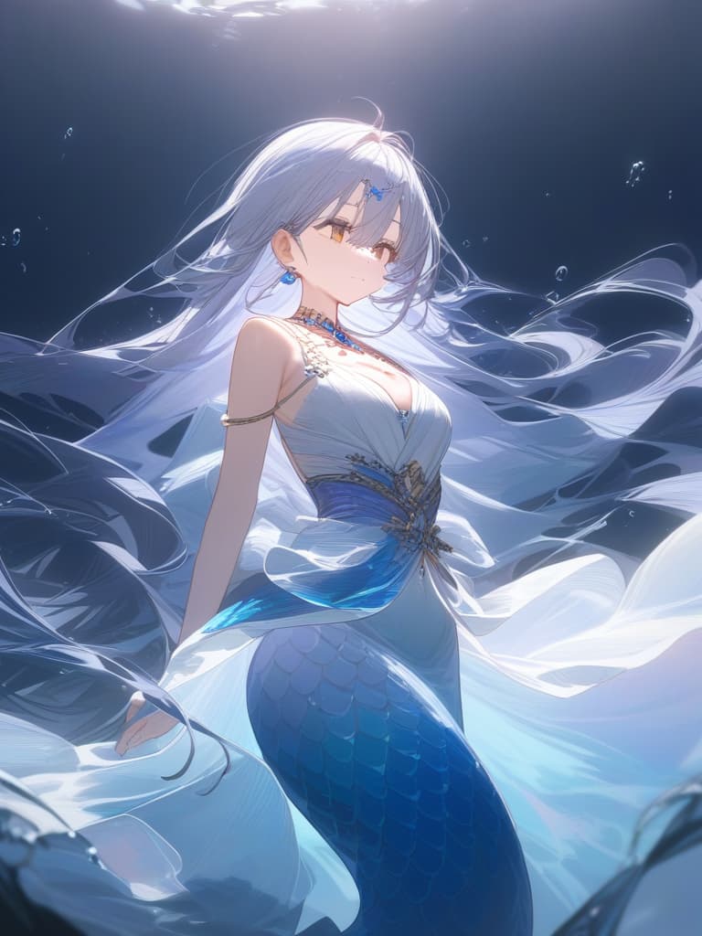  cute girl, water goddess, jewel, beautiful, all, long hair, no bang, beautiful dress, mermaid, underwater, selene, masterpiece, best quality,8k,ultra detailed,high resolution,an extremely delicate and beautiful,hyper detail