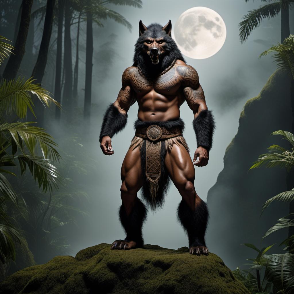  Sonny Olomua depicted as a Samoan werewolf, with features blending traditional Samoan cultural elements and werewolf traits. He has a humanoid appearance with subtle werewolf characteristics like elongated fangs, claws, and patches of fur, yet his attire and tattoos reflect Samoan heritage. The backdrop includes a tropical, moonlit forest with traditional Samoan symbols, emphasizing the mystical and cultural blend. The scene captures the strength and heritage of a Samoan werewolf. hyperrealistic, full body, detailed clothing, highly detailed, cinematic lighting, stunningly beautiful, intricate, sharp focus, f/1. 8, 85mm, (centered image composition), (professionally color graded), ((bright soft diffused light)), volumetric fog, trending on instagram, trending on tumblr, HDR 4K, 8K