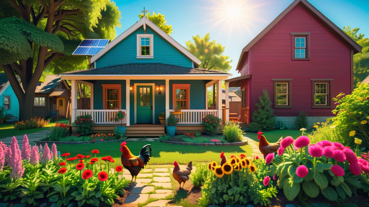  a vibrant urban homestead in texas, showcasing a small garden with raised beds, chickens pecking the ground, a cozy tiny house with solar panels, and colorful flowers under a bright blue sky. hyperrealistic, full body, detailed clothing, highly detailed, cinematic lighting, stunningly beautiful, intricate, sharp focus, f/1. 8, 85mm, (centered image composition), (professionally color graded), ((bright soft diffused light)), volumetric fog, trending on instagram, trending on tumblr, HDR 4K, 8K