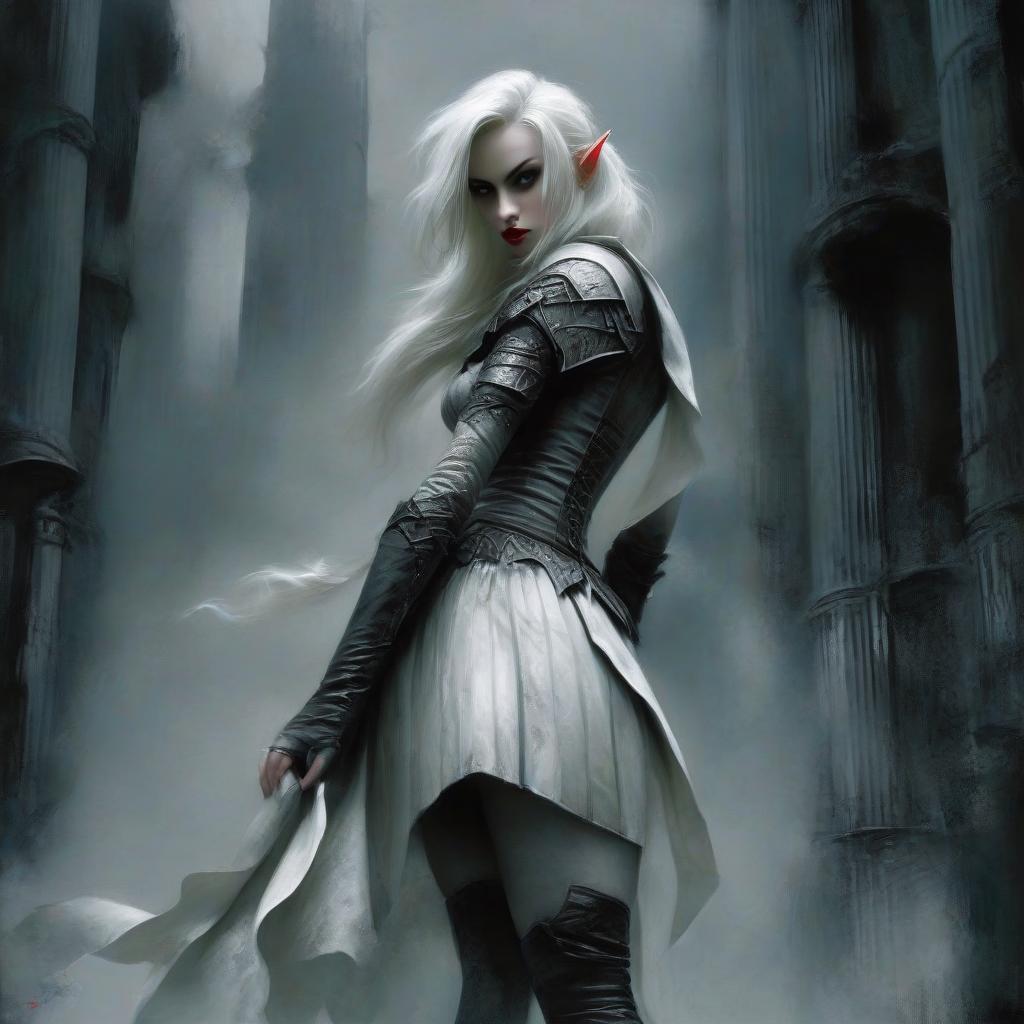  macabre style julia parshut in the form of the queen of elves of a thief fighter with white pigtails, in white leather skirts, a corset, in a leather and steel sleeve on one hand and shoulder. full height in a dark room with gray columns. . dark, gothic, grim, haunting, highly detailed, perfecteyes, perfect hands