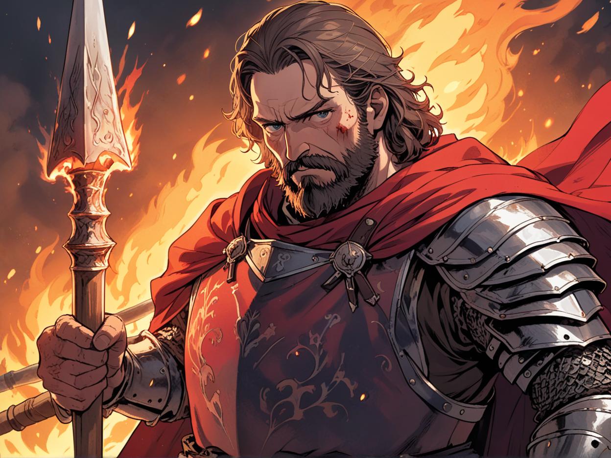  manga artwork a ragged middle aged stern male knight with a rugged beard and facial scars standing in front of a fire while wielding a spear, wearing a red cape. manga artist. manga, highly emotional. best quality, high resolution