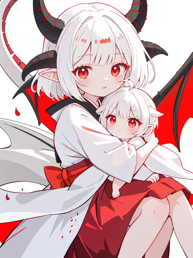  there are horns, girls, sharp ears, hakama, hinge, short hair, white hair, dragon's daughter, red and white hakama, red eyes, black horns, whole body, hugging litter while dragon, masterpiece, best quality,8k,ultra detailed,high resolution,an extremely delicate and beautiful,hyper detail