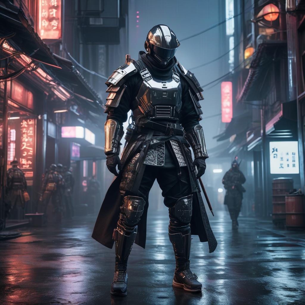  techwear fashion 3 o' samurai dressed in shiny armor . futuristic, cyberpunk, urban, tactical, sleek, dark, highly detailed hyperrealistic, full body, detailed clothing, highly detailed, cinematic lighting, stunningly beautiful, intricate, sharp focus, f/1. 8, 85mm, (centered image composition), (professionally color graded), ((bright soft diffused light)), volumetric fog, trending on instagram, trending on tumblr, HDR 4K, 8K