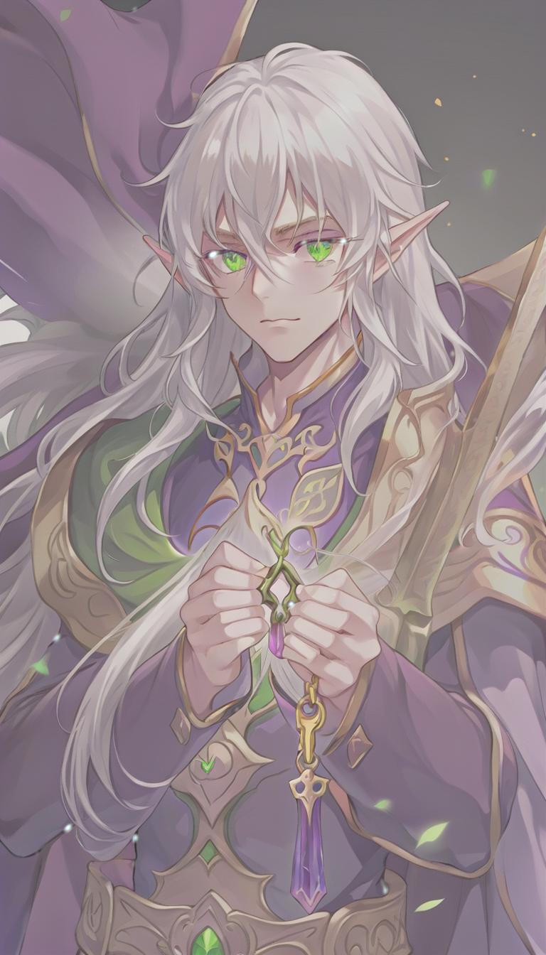  anime artwork man, elf, long white hair, green eyes, purple clothes . anime style, key visual, vibrant, studio anime, highly detailed