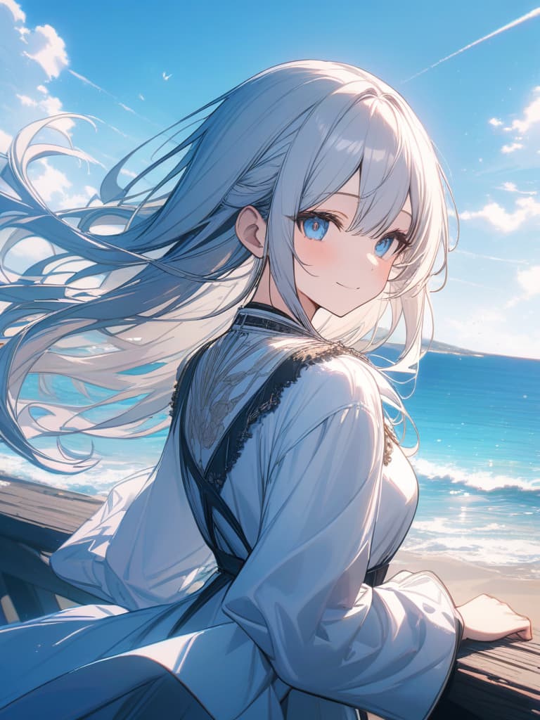  girls, long hair, white hair, blue eyes, smiles, upper portrays, ports, arms, hair fluttering, white dress, front, front, along the sea, masterpiece, best quality,8k,ultra detailed,high resolution,an extremely delicate and beautiful,hyper detail